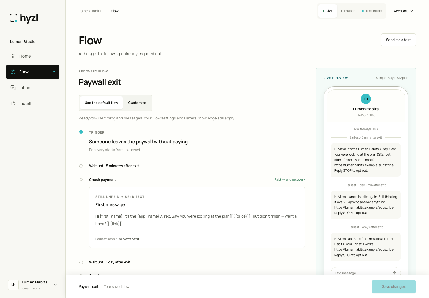 Flow in the Hyzl dashboard with Lumen Habits example data