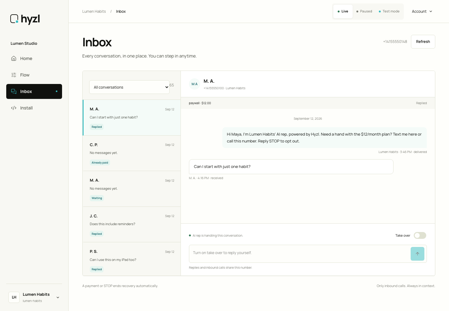 Inbox in the Hyzl dashboard with Lumen Habits example data