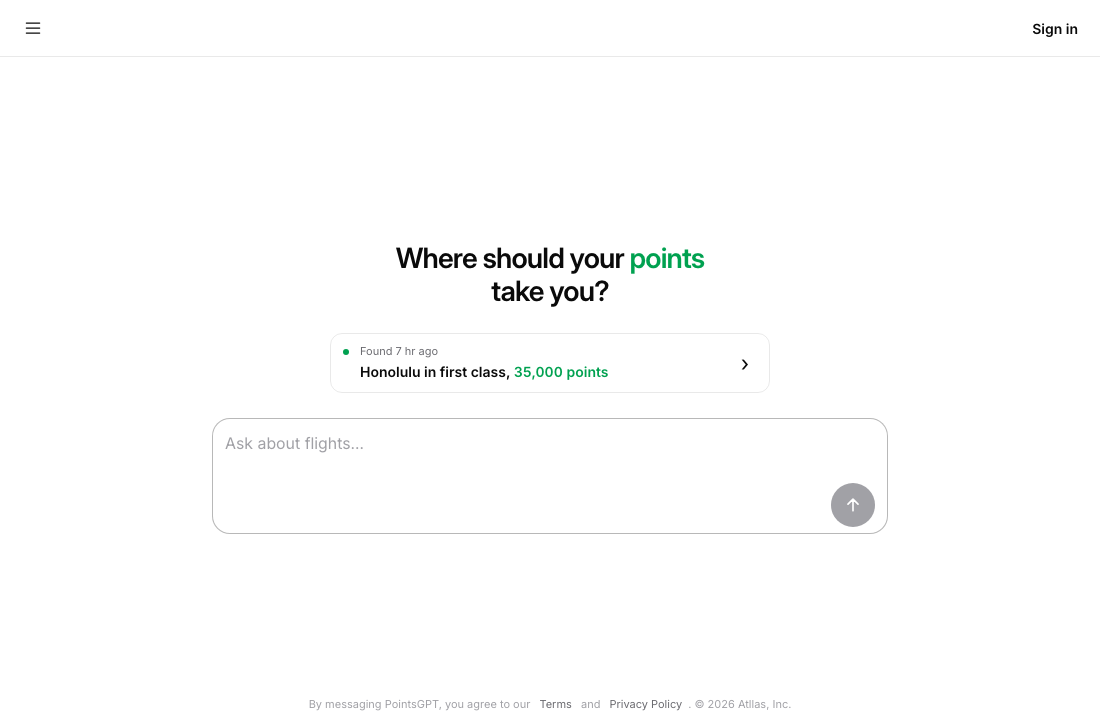 The app we built: PointsGPT’s live flight-search screen, Where should your points take you?